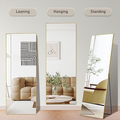 OLIXIS Full Length Mirror for Bedroom, 65"x24" Full Body Mirror with Stand, Hanging or Leaning for Wall, Aluminum Alloy Thin Frame Floor Standing for Living Room, Long, Gold