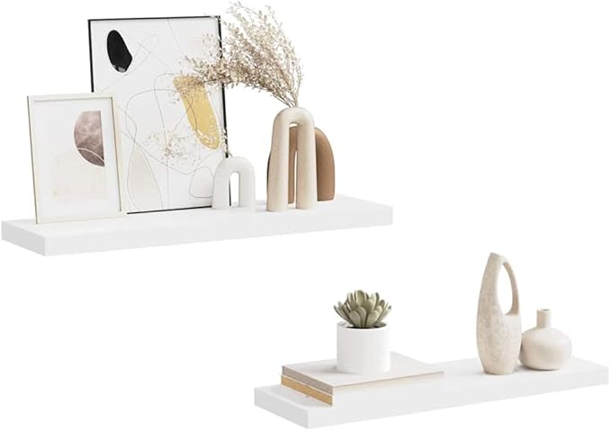 Set of 2 White Honeycomb MDF Floating Wall Shelves with Metal Hardware, Minimalist Storage for Living Room Bedroom Office, Invisible Mounting, Modern Display Unit