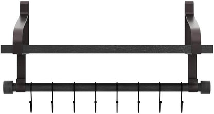 Love-KANKEI Floating Shelf Wall Shelf for Storage Rustic Wood Kitchen Spice Rack with Towel Bar and 8 Removable Hooks for Organize Cooking Utensils or Mugs Black/Brown Brackets