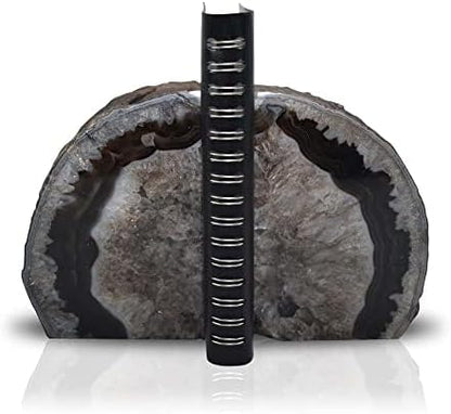 Nature's Decorations A Quality Black Agate Geode Bookends - Heavy Duty with Non-Skid Rubber Bumpers for Shelves, Office, Home Decor - Cool Crystal Stone (1 Pair 3-4 LB)