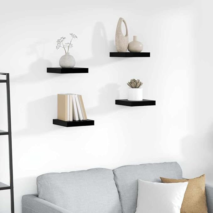 High Gloss Black Floating Wall Shelf Set of 4, Honeycomb MDF and Metal Small Shelves for Modern Home Decor, Display Organizer for Living Room Bedroom Office