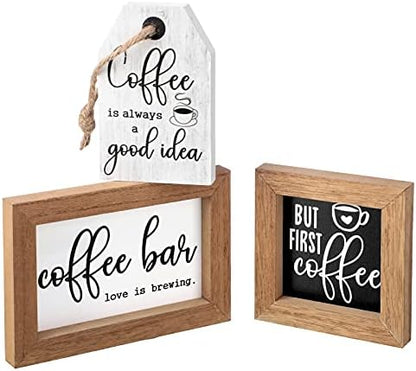 3 Pieces Coffee Bar Decor Sign But First Coffee Wood Sign Mini Farmhouse Wall Rustic Wooden Art Plaque Bar Tabletop Shelf Accessories for Tier Tray Decor Home Office Kitchen