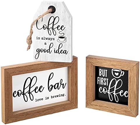 3 Pieces Coffee Bar Decor Sign But First Coffee Wood Sign Mini Farmhouse Wall Rustic Wooden Art Plaque Bar Tabletop Shelf Accessories for Tier Tray Decor Home Office Kitchen