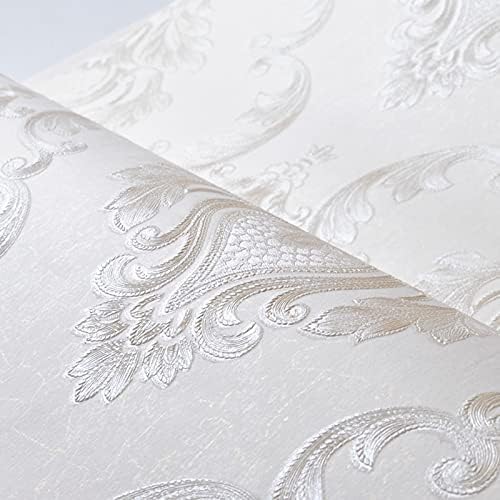 Cream White Damask Decorative Textured Floral Wallpaper Non-Woven Wall Paper Home Decoration,20.8 in X 393.00 in [ Not Peel and Stick ]
