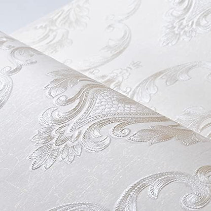 Cream White Damask Decorative Textured Floral Wallpaper Non-Woven Wall Paper Home Decoration,20.8 in X 393.00 in [ Not Peel and Stick ]