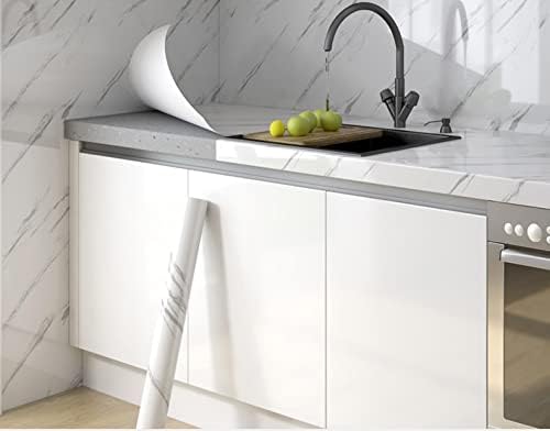 Glossy Marble Paper Granite Gray/White Wallpaper Peel and Stick Wallpaper Self Adhesive Removable Wallpapers 15.8″ ×393″ Waterproof Countertop Paper for Cabinet Countertop Furniture Kitchen Viny Film