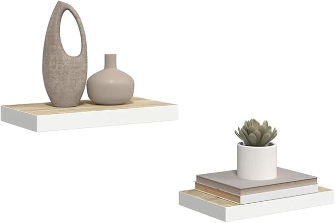 Set of 2 Oak and White Floating Wall Shelves, Modern Honeycomb MDF and Metal Medium Storage Display Units for Living Room Office