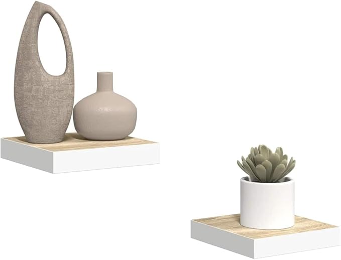 Floating Wall Shelf Set of 2 Oak and White Honeycomb MDF with Metal Brackets, Modern Matte Finish Storage for Living Room Office, Invisible Mounting System, Durable Space