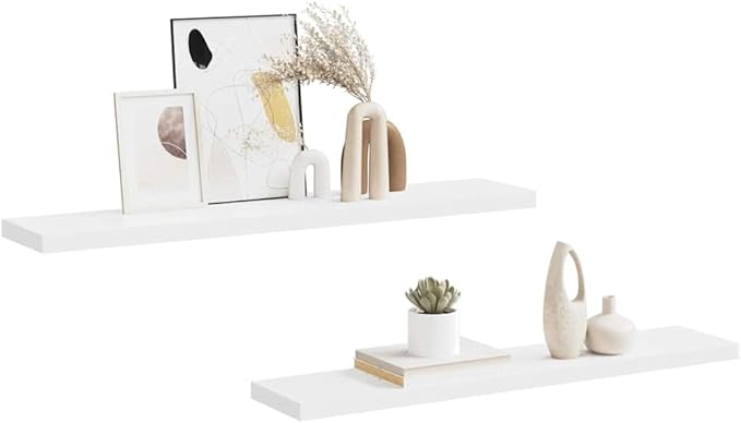 White Honeycomb MDF Floating Wall Shelves Set of 2 with Metal Brackets, Modern Invisible Mounting System for Home Office Storage and Display
