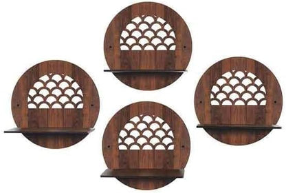 Round Decorative Wall Mounted Floating Shelves, Wooden Scalloped Design, Set of 4, Brown