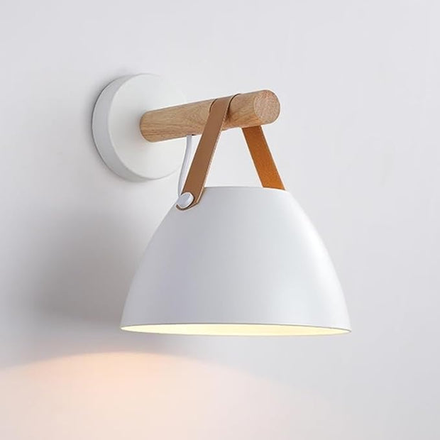 Modern White Wall Sconce Wood and Leather Accent Bedside Light Hardwired Minimalist Wall Lamp E26 Base Light Fixture for Bedroom Living Room Hallway Entryway Accent Lighting Scandinavian Style
