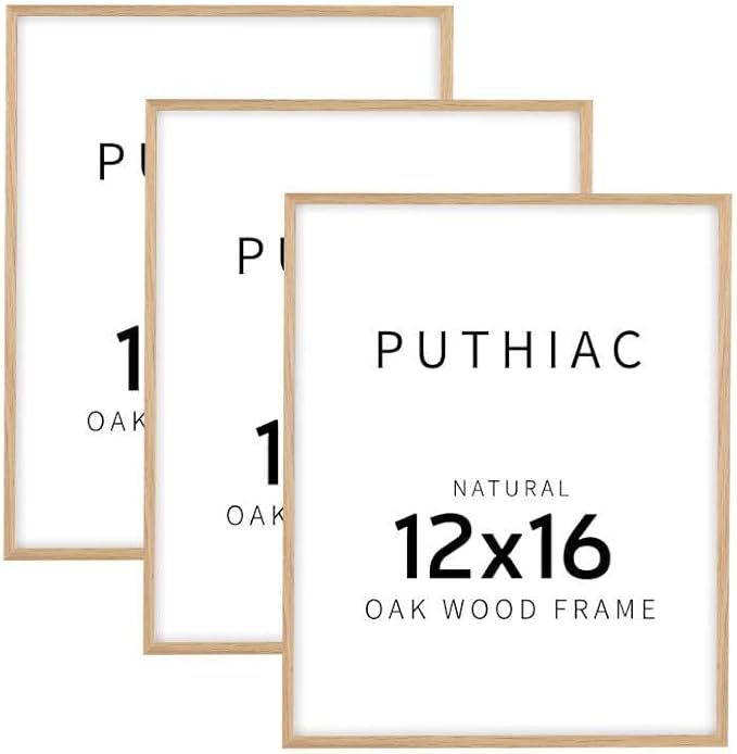 puthiac 12x16 Solid Oak Wood Picture Frame, Fits 8x12 with Mat or 12x16 Without Mat, Wall Display Only, Vertical or Horizontal, Plexi Front, 3 Pack, Natural Oak