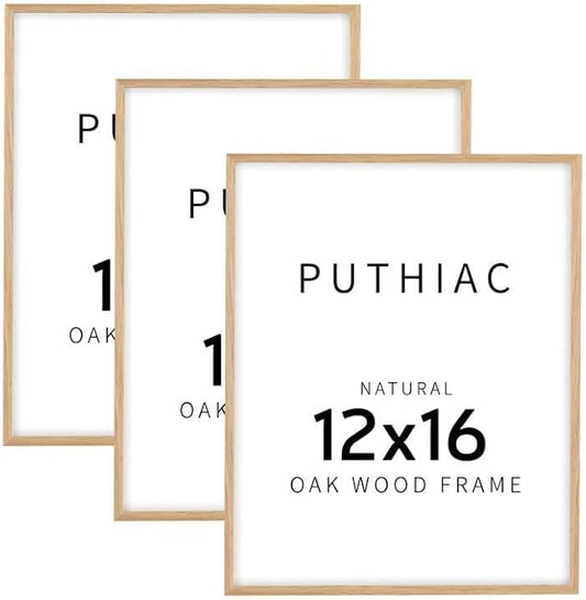 puthiac 12x16 Solid Oak Wood Picture Frame, Fits 8x12 with Mat or 12x16 Without Mat, Wall Display Only, Vertical or Horizontal, Plexi Front, 3 Pack, Natural Oak