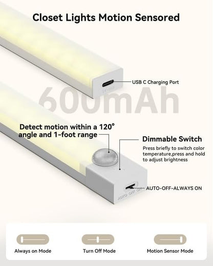 Under Cabinet Lights 4 Inch 6-Pack, Rechargeable Motion Sensor Light Indoor 3 Colors, Dimmable Closet Lights, Wireless Under Counter Lights for Kitchen, Stairs