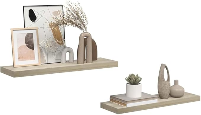 Floating Wall Shelf Set of 2 Oak Honeycomb MDF Metal 31.5 x 9.3 x 1.5 Inch Modern Display Storage for Home Office Decor