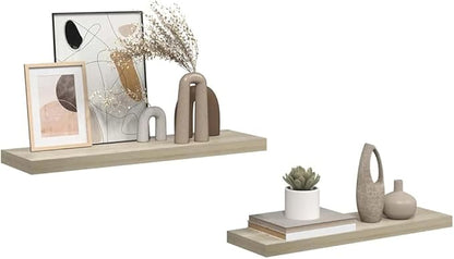 Floating Wall Shelf Set of 2 Oak Honeycomb MDF Modern Metal 31.5 x 9.3 x 1.5 Inch for Displaying Decorative Items and Collectibles with Invisible Mounting System and Robust