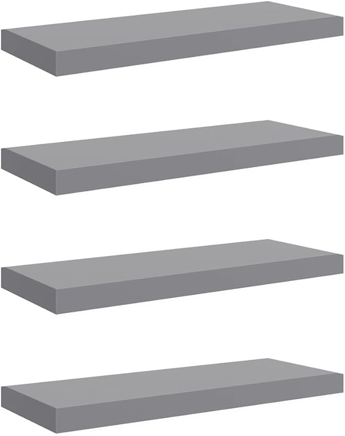 Set of 4 Grey Honeycomb MDF Floating Wall Shelves with Metal Brackets, Modern Matte Finish for Living Room Bedroom Office, Durable Storage Display Organizer