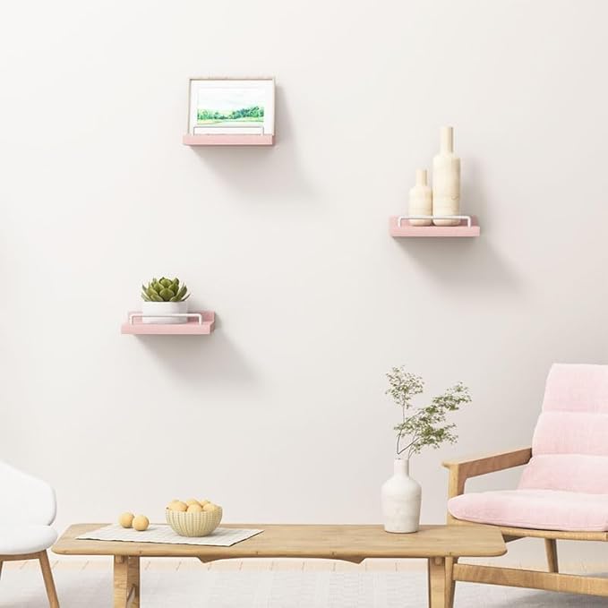 Small Floating Shelf, 6X6 Inches Farmhouse Wall Shelves for Living Room, Bedroom, Picture Frames, Plants, Kitchen, Set of 3 (Pink and White)