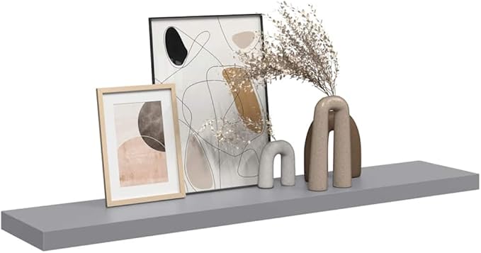 Grey Floating Wall Shelf with Honeycomb Design, MDF and Metal Construction, 47.2x9.3x1.5 Inches, Modern Wall Mounted Storage for Decor and Books, Durable and Space-Saving,