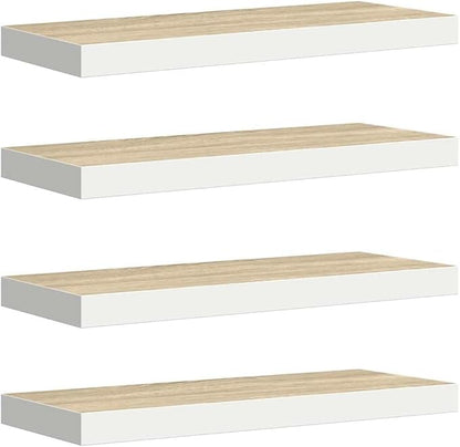 Floating Wall Shelf Set of 4, Oak and White Honeycomb MDF with Metal Standard, Invisible Mounting System for Modern Decor, Space-Saving Design, Durable Engineered Wood