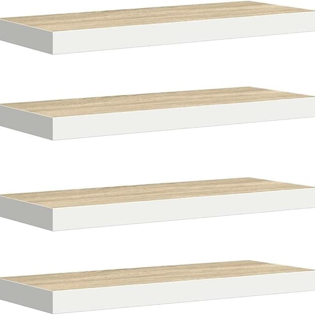Floating Wall Shelf Set of 4, Oak and White Honeycomb MDF with Metal Standard, Invisible Mounting System for Modern Decor, Space-Saving Design, Durable Engineered Wood