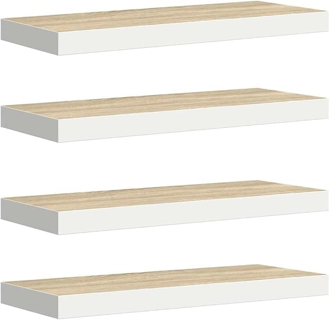 Wall Shelf Set of 4 Oak and White Honeycomb MDF with Metal Standard, Floating Shelves for Living Room Office, Invisible Mounting System, Durable Display Storage Organizer