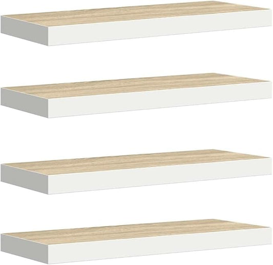 Wall Shelf Set of 4 Oak and White Honeycomb MDF with Metal Standard, Floating Shelves for Living Room Office, Invisible Mounting System, Durable Display Storage Organizer