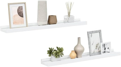 Wall Mounted Picture Ledge Shelf Set of 2, White Floating Shelves for Photo Frames and Decor, 23.6 Inch MDF Display Ledge with Front Edge, Easy Installation, Space Saving Home Decor