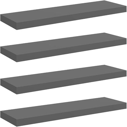 Set of 4 High Gloss Grey Floating Wall Shelves, Honeycomb MDF and Metal Standard, Modern Display Storage for Books and Decor