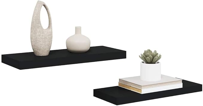 Wall Shelf Set of 2 Black Honeycomb MDF Metal Medium Floating Shelves for Modern Decor Storage Solution
