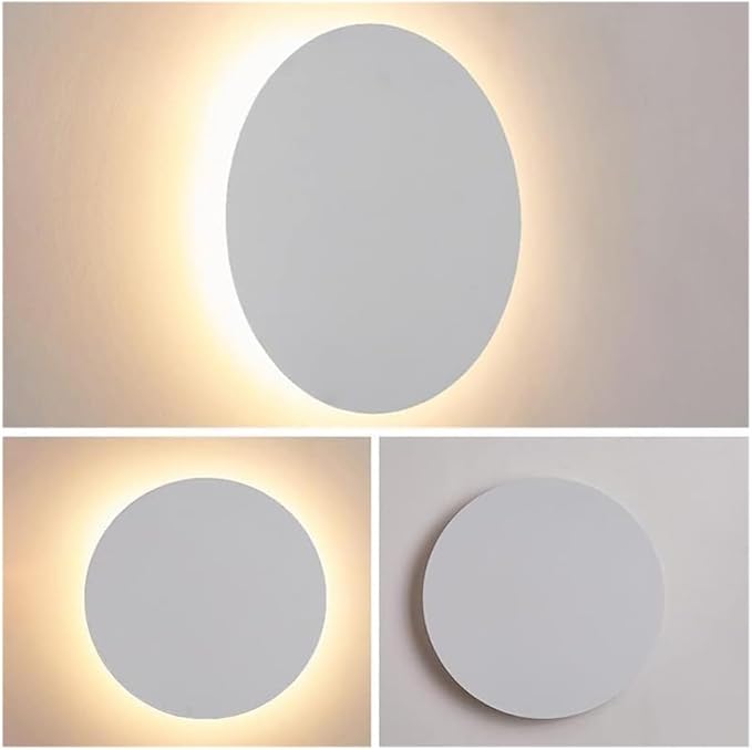 Modern Nordic Round LED Wall Light Black Metal 3000K Warm Light Gold Glow Wall Mounted Lamp for Bedroom Living Room Hallway Stairway Minimalist Ambient Wall Sconce(White,8"/20cm)