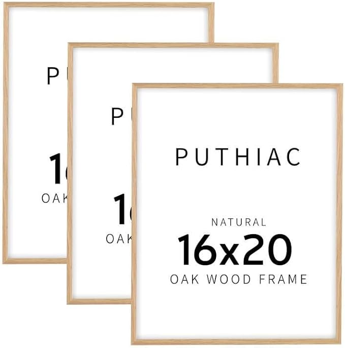 puthiac 16x20 Solid Oak Wood Picture Frame, Fits 12x16 with Mat or 16x20 Without Mat, Wall Display Only, Vertical or Horizontal, Plexi Front, 3 Pack, Natural Oak