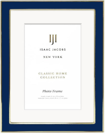 Isaac Jacobs 6x8 (Matted 4x6) Navy Enamel Picture Frame with Gold Metal Edge and Easel, Tabletop Display, Wall Décor, Photo Gallery, (6x8 (Matted 4x6), Navy with Gold)