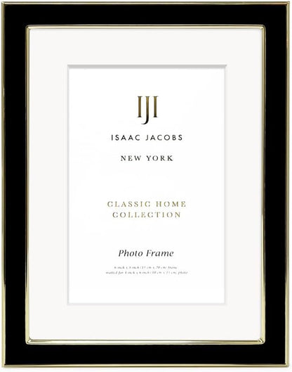 Isaac Jacobs 6x8 (Matted 4x6) Black Enamel Picture Frame with Gold Metal Edge and Easel, Tabletop Display, Wall Décor, Photo Gallery, (6x8 (Matted 4x6), Black with Gold)