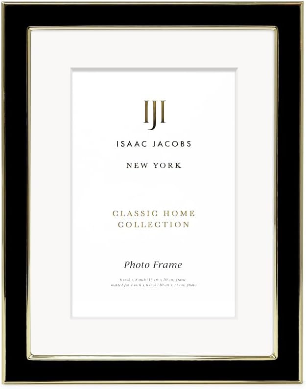 Isaac Jacobs 6x8 (Matted 4x6) Black Enamel Picture Frame with Gold Metal Edge and Easel, Tabletop Display, Wall Décor, Photo Gallery, (6x8 (Matted 4x6), Black with Gold)