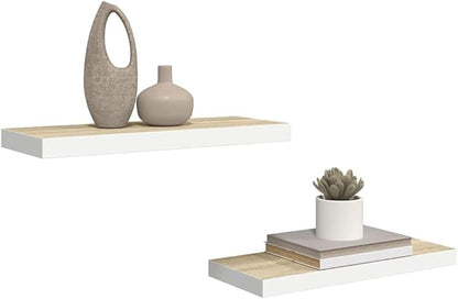 Floating Wall Shelf Set of 2 Oak White Honeycomb MDF Modern Minimalist Display Shelves Sturdy Mounted Storage for Living Room Office
