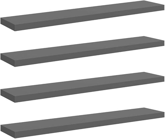 High Gloss Grey Honeycomb MDF Floating Wall Shelf Set of 4 with Metal Brackets, Invisible Mounting System for Modern Display and Storage, Sleek Minimalist Home Decor, Durable