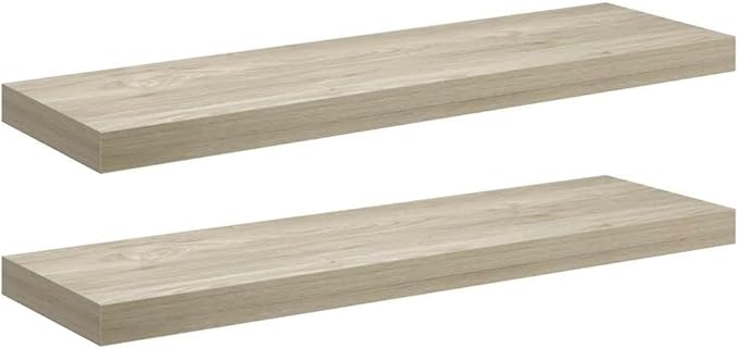 Floating Wall Shelf Set of 2 Oak Honeycomb MDF Modern Metal 31.5 x 9.3 x 1.5 Inch for Displaying Decorative Items and Collectibles with Invisible Mounting System and Robust