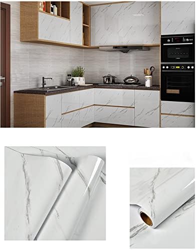 Glossy Marble Paper Granite Gray/White Wallpaper Peel and Stick Wallpaper Self Adhesive Removable Wallpapers 15.8″ ×197″ Waterproof Countertop Paper for Cabinet Countertop Furniture Kitchen Viny Film