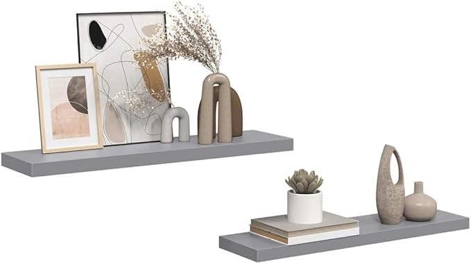 Gray Honeycomb MDF Floating Wall Shelf Set of 2 with Metal Frame, Large Modern Shelves for Display and Organization, Durable Storage Solution for Living Room Bedroom Office