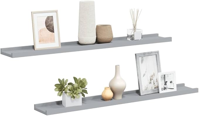 Gray Lacquered MDF Frame Ledge Shelf Set of 2, 31.5 Inch Long Wall Mounted Shelves for Picture Frames and Decor, Modern Narrow Display Shelving, Easy Installation and Space