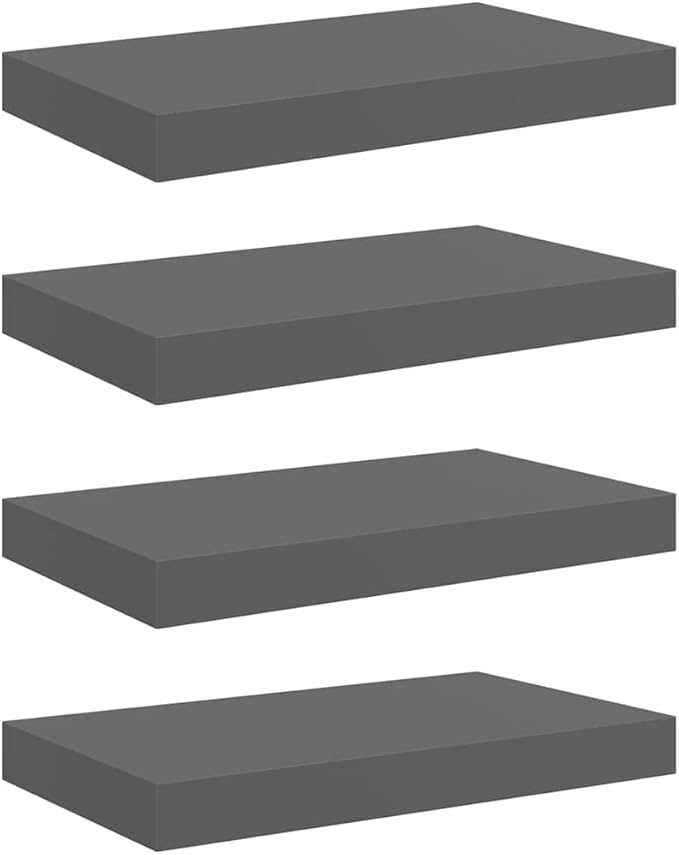 Set of 4 High Gloss Grey Honeycomb Floating Wall Shelves, Modern MDF and Metal Wall-Mounted Storage Display Unit for Home and Office
