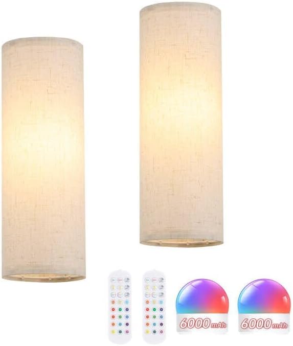 Adhesive Battery Operated Wall Sconce Set of 2, 5000 mAh Battery Rechargeable Bulb with 12 RGB Colors, Stick on Wall Sconce No Drill Wall Lights, Linen