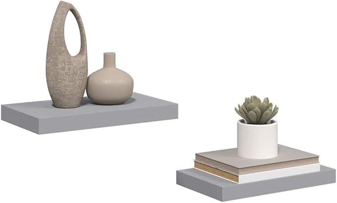 Floating Wall Shelves 2 pcs Gray 15.7"x9.1"x1.5" MDF, Invisible Mounting System for Home Decor, Modern Display Shelf for Awards Books Collectibles Ornaments, Durable