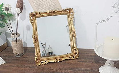 Funerom Vintage 11 x 9.5 inch Decorative Mirror, Wall Mounted & Tabletop Makeup Mirror ，Square Antique Gold