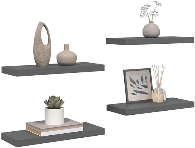 Set of 4 High Gloss Grey Floating Wall Shelves, Honeycomb MDF and Metal Construction for Home Storage and Display