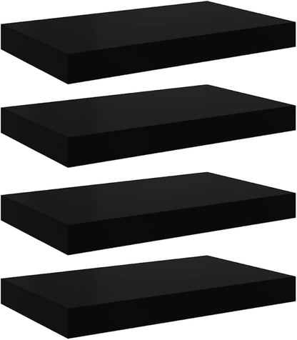 Set of 4 High Gloss Black Honeycomb MDF Floating Wall Shelves Modern Display Storage for Home Office Decor