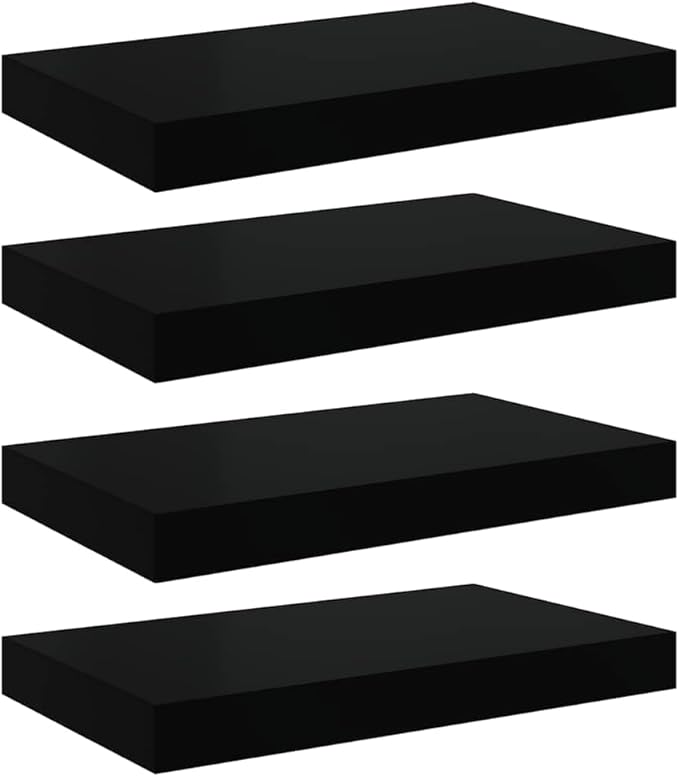 Set of 4 High Gloss Black Honeycomb MDF Floating Wall Shelves Modern Display Storage for Living Room Bedroom Office