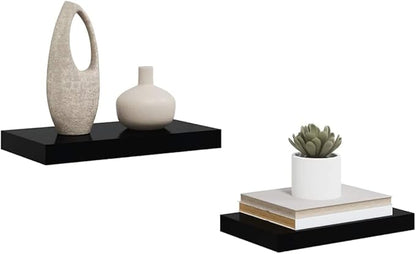 High Gloss Black Honeycomb MDF Floating Wall Shelf Set of 2 with Metal Frame for Modern Home Decor and Functional Storage