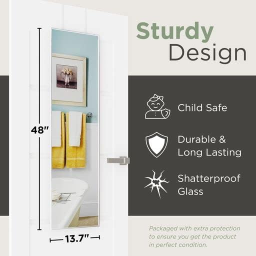 Over The Door Mirror, Full Length Hanging Mirror 48 x 13.7 Inches, Aluminum Frame, Slim Door Mirror for Bedroom, Bathroom, Closet